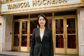 Actrice asiatique devant l'entrée d'un cinéma vintage avec rideau en velours rouge, symbole de percée historique dans le cinéma mondial
