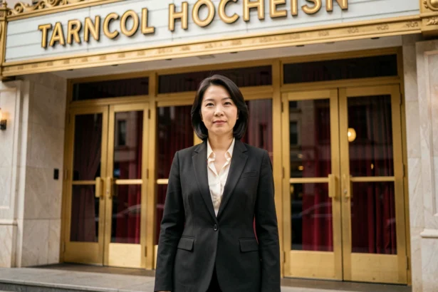 Actrice asiatique devant l'entrée d'un cinéma vintage avec rideau en velours rouge, symbole de percée historique dans le cinéma mondial