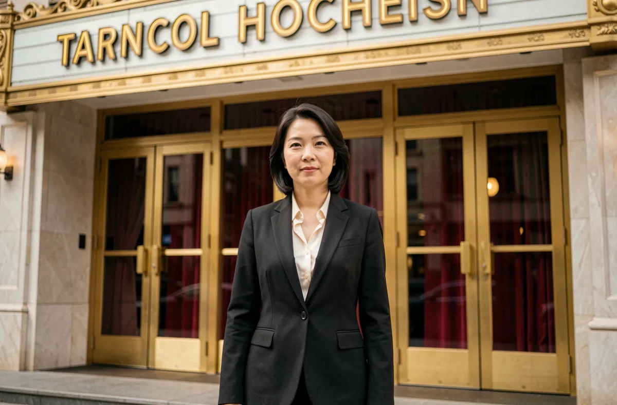 Actrice asiatique devant l'entrée d'un cinéma vintage avec rideau en velours rouge, symbole de percée historique dans le cinéma mondial