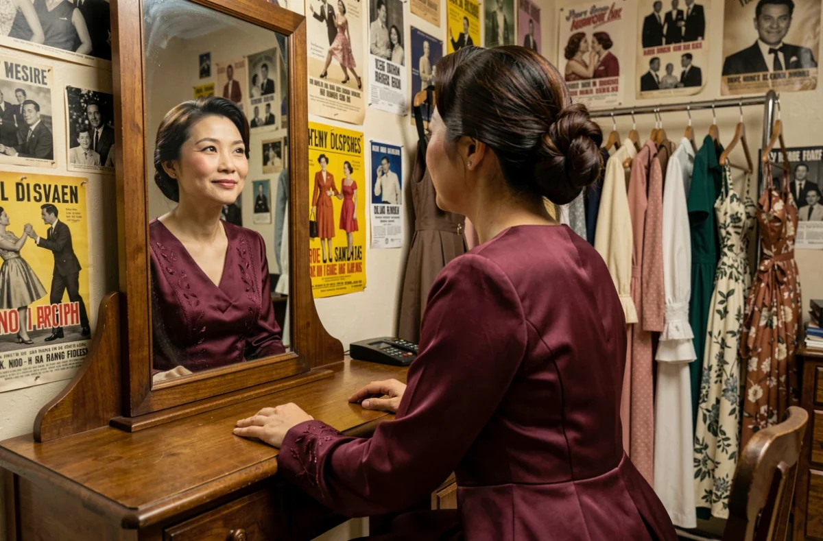 Actrice asiatique en robe vintage dans une loge de studio de cinéma, reflet dans un miroir de coiffeuse entouré de photos hollywoodiennes