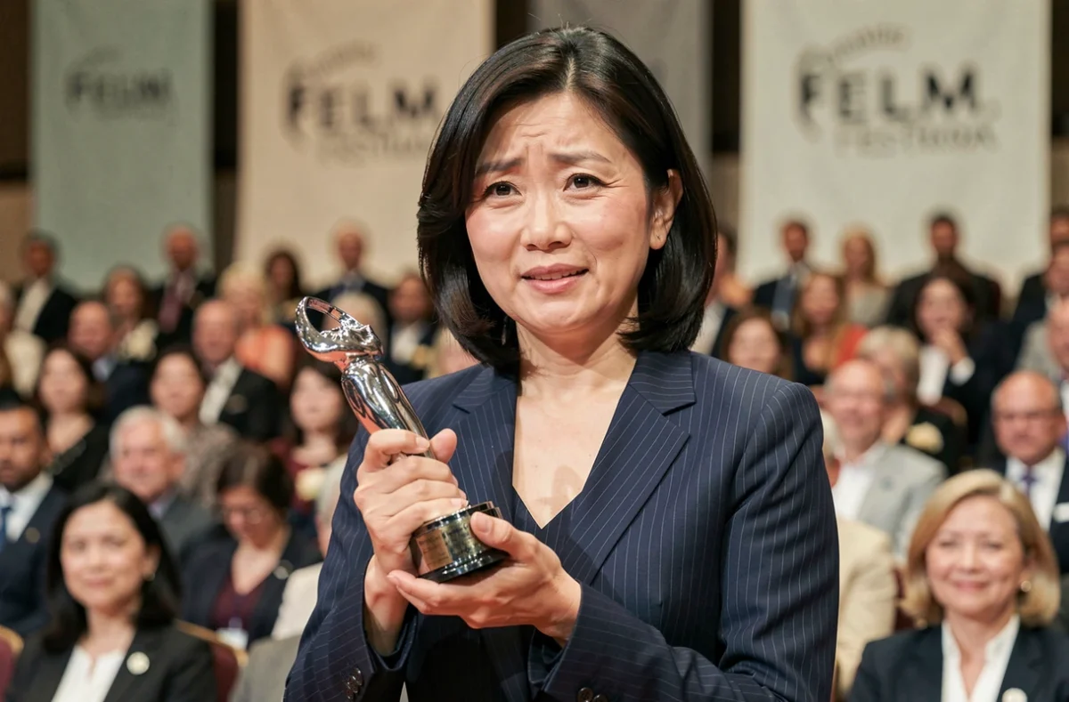 Actrice asiatique tenant un trophée lors d'une cérémonie de remise de prix cinématographique, expression d'émotion contenue et fierté historique