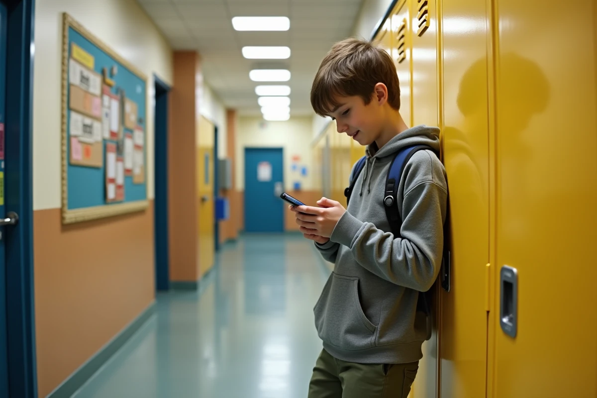 Adolescent français utilisant son smartphone dans un couloir scolaire