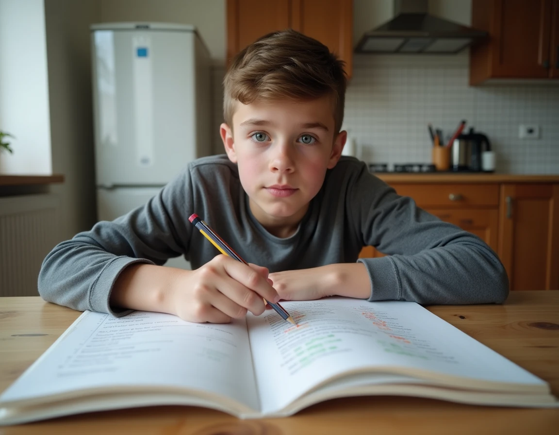 Adolescent étudiant les temps du passé en français à la maison avant l'examen du brevet