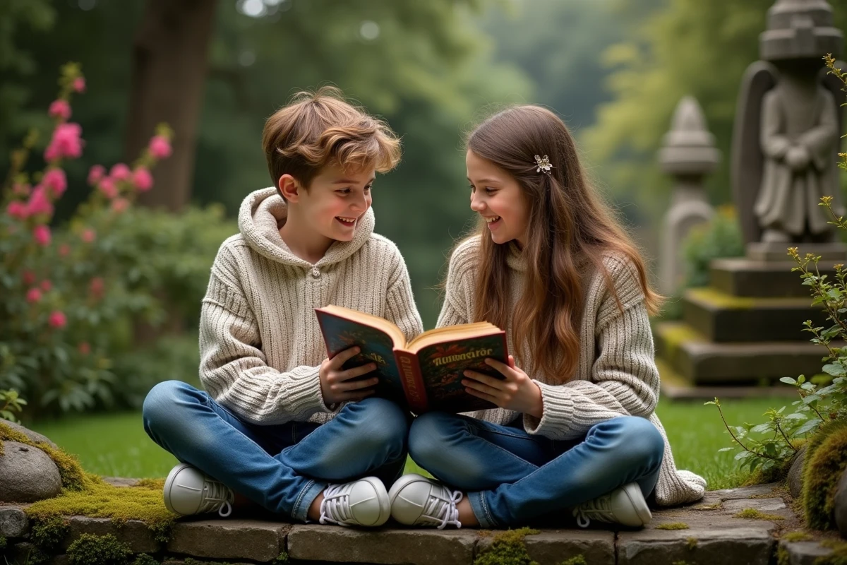 Adolescents partageant un livre dans un jardin enchanté