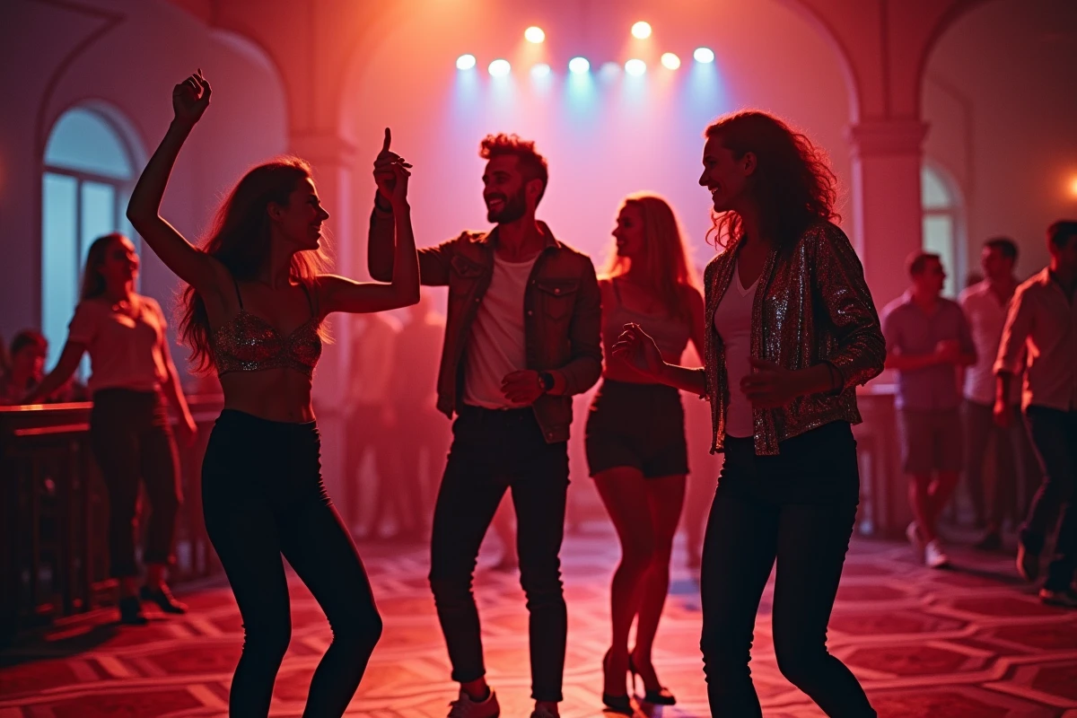 Groupe d'amis en train de danser sur la piste d'une boîte de nuit à Perpignan
