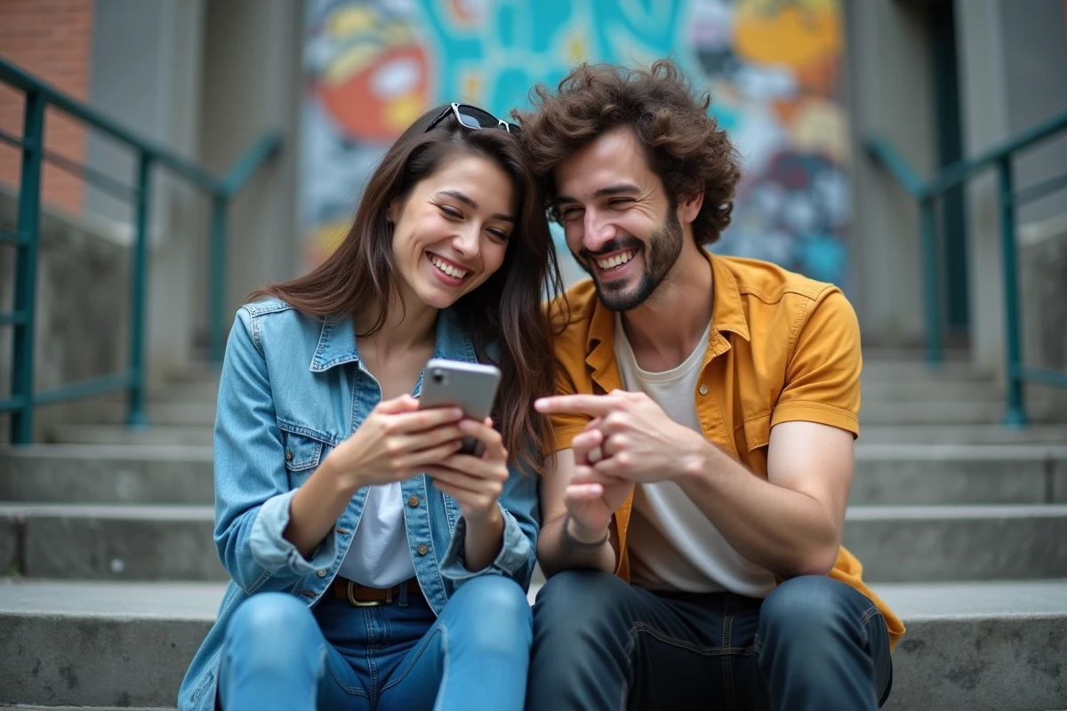Deux amis assis sur des marches urbaines qui rient en regardant des emojis de flirt sur un smartphone