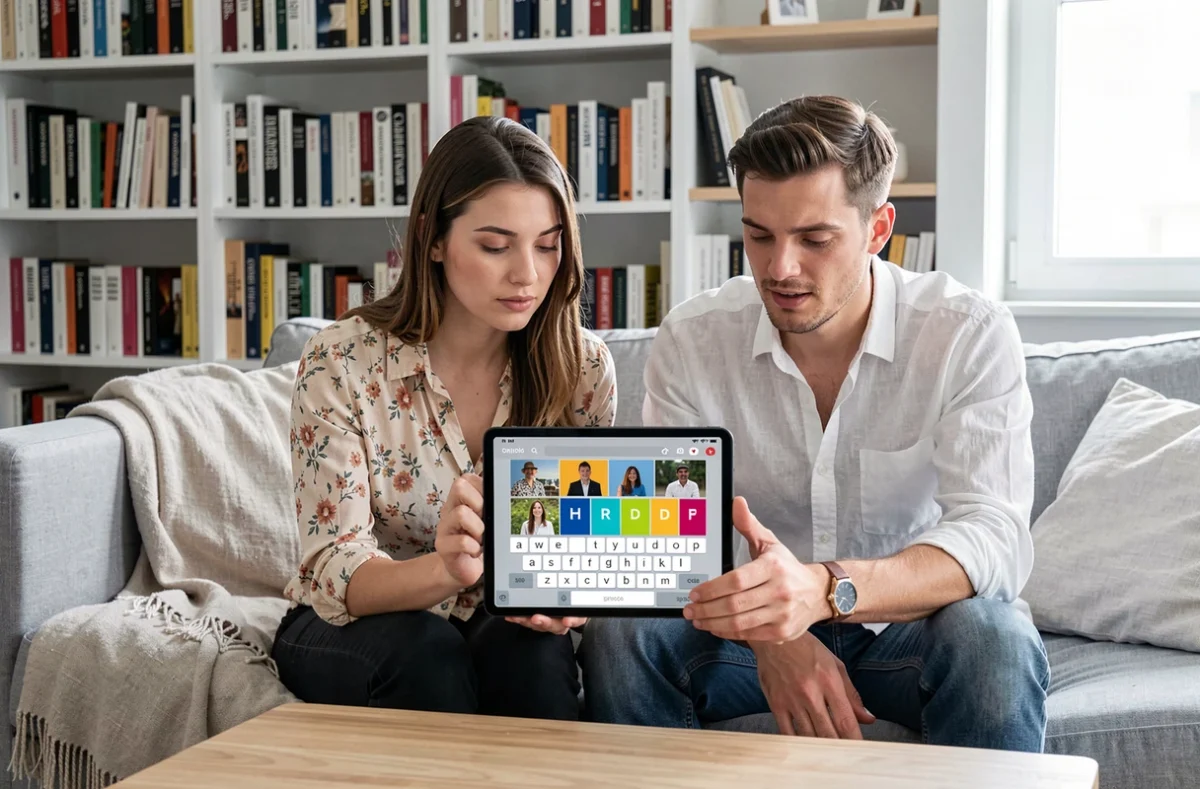 Deux amis résolvant ensemble une solution de jeu 4 images 1 mot 5 lettres sur tablette dans un salon moderne