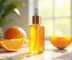 Bouteille de serum vitamine C sur marbre avec tranches d'orange