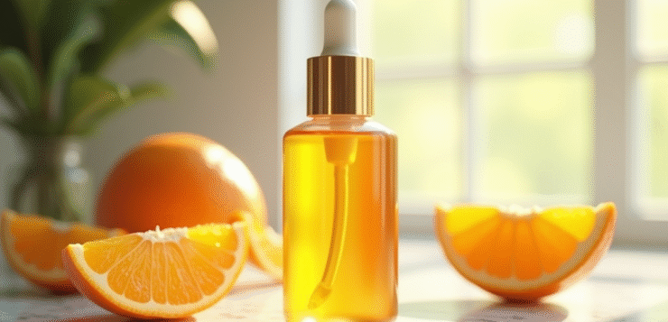 Bouteille de serum vitamine C sur marbre avec tranches d'orange