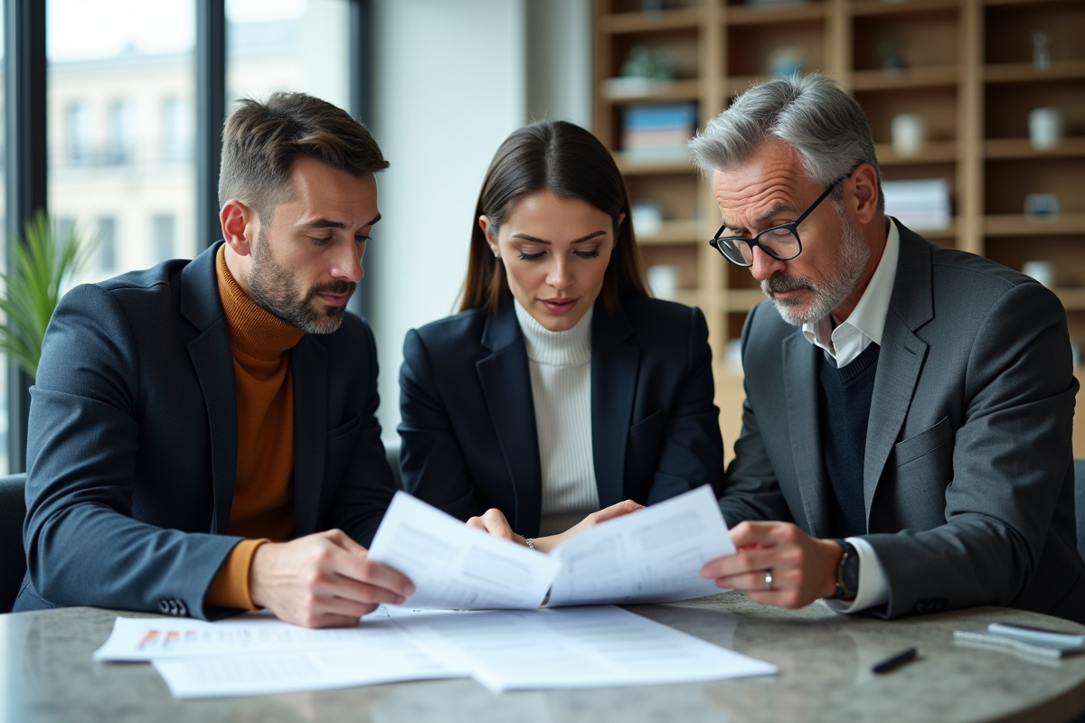Trois collaborateurs analysent des documents financiers au bureau