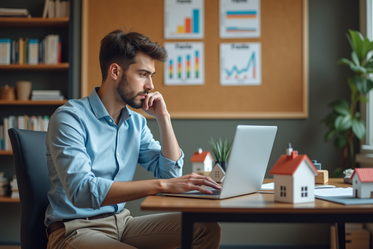 Jeune analyste travaillant sur son ordinateur dans un bureau à domicile