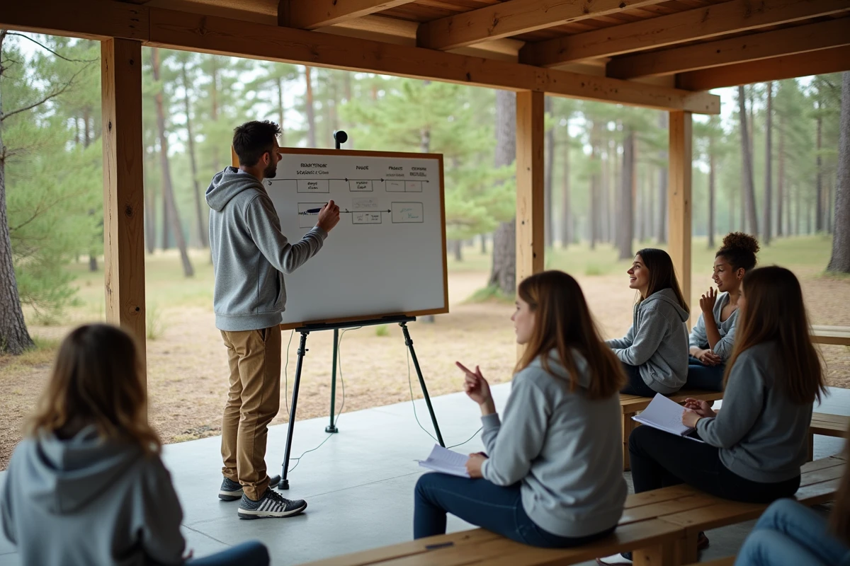 Animateur expliquant les étapes d'un projet pédagogique à des adolescents lors d'un camp jeunesse