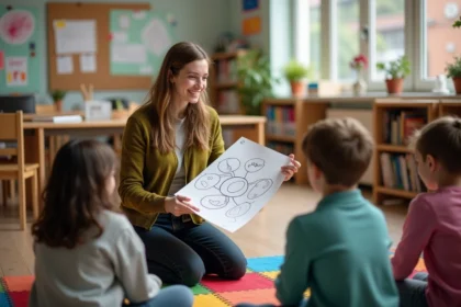 Animatrice jeunesse présentant un projet pédagogique à un groupe d'enfants dans un centre de loisirs