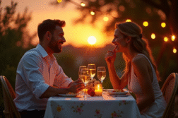 Couple heureux lors d un dîner d anniversaire dans leur jardin