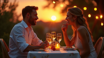 Couple heureux lors d un dîner d anniversaire dans leur jardin