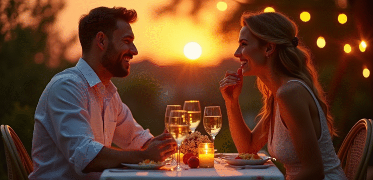 Couple heureux lors d un dîner d anniversaire dans leur jardin