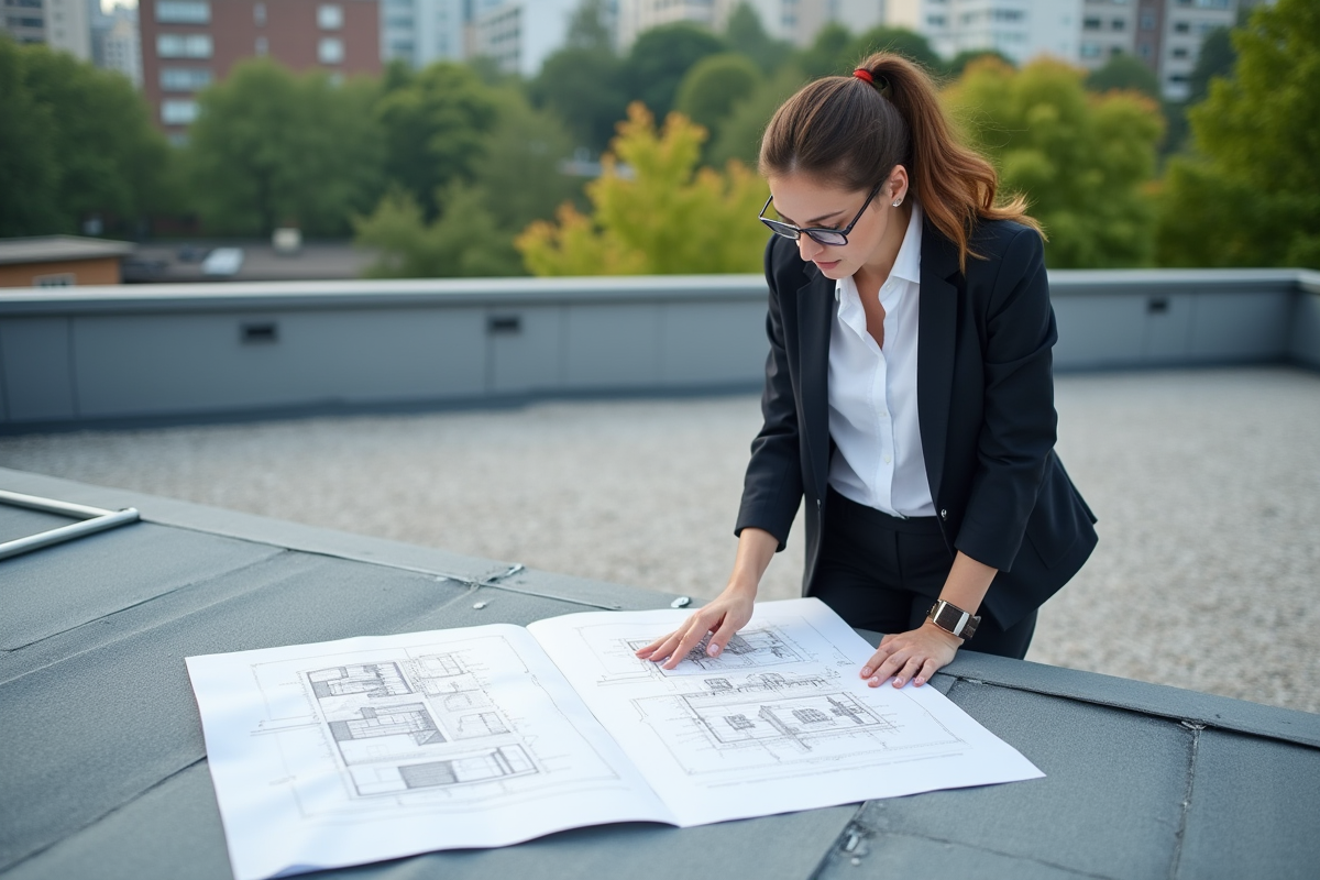Architecte femme étudiant des plans sur un toit résidentiel