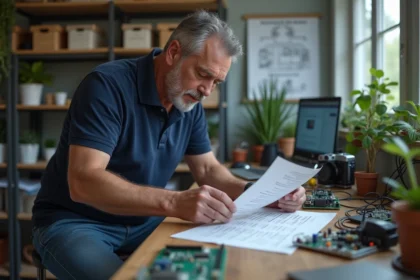 Homme d'âge moyen assemble un circuit électronique en atelier