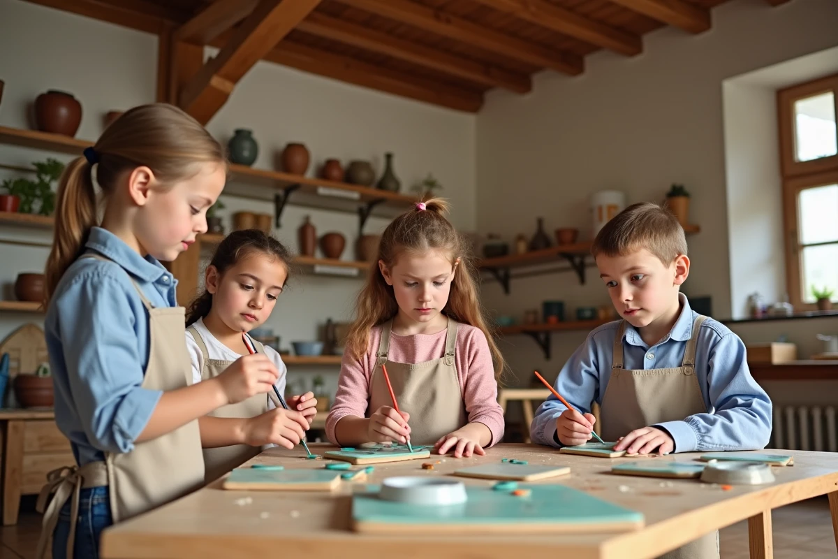 Enfants participant à un atelier d'artisanat traditionnel alsacien à l'intérieur d'un centre culturel