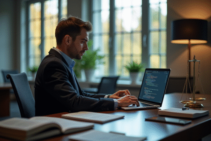 Avocat au bureau moderne recherchant des documents juridiques avec code