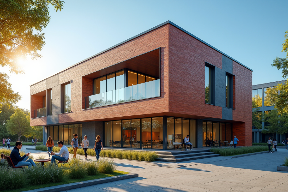 Bâtiment moderne en briques dans un campus hightech avec jeunes professionnels