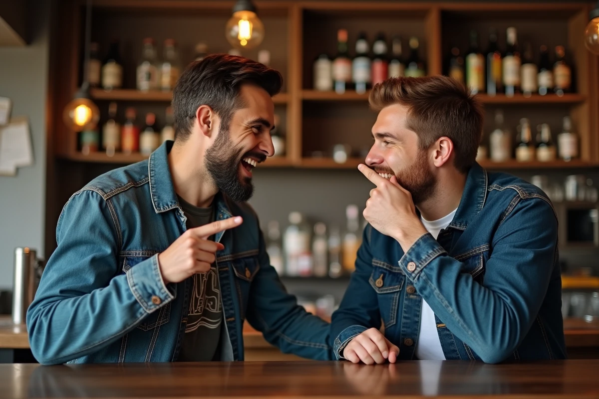 Deux amis qui partagent une blague de beauf au comptoir d'un bar local, rires authentiques et ambiance décontractée