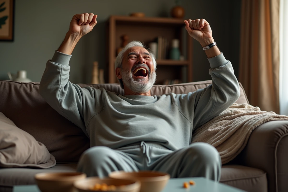 Homme trentenaire qui rit seul sur son canapé devant la télévision, ambiance humour beauf et soirée décontractée à la maison