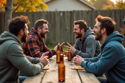 Groupe d'amis trentenaires qui rient autour d'une table de pique-nique en bois dans un jardin, ambiance blague entre potes