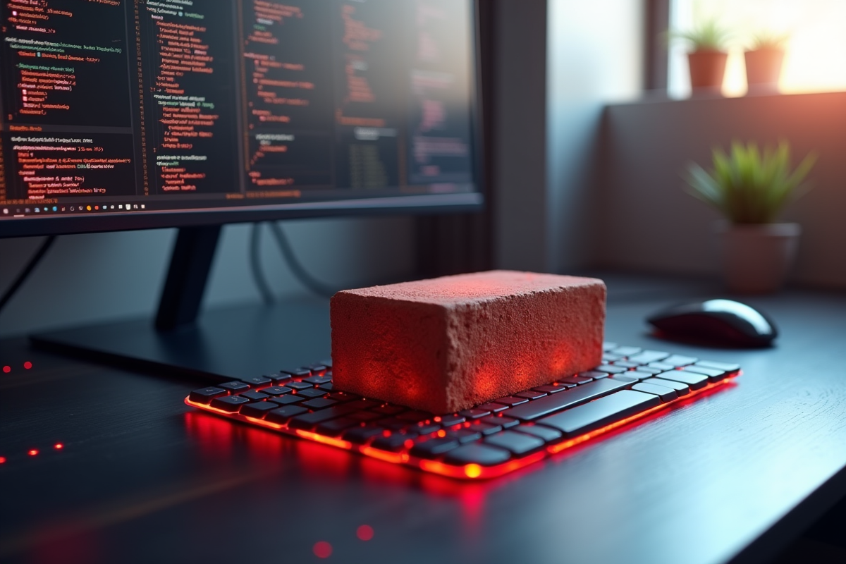 Brique en terre cuite sur un poste informatique futuriste avec code numérique