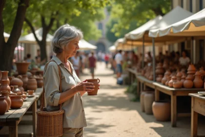 Femme chinant des poteries anciennes sur une brocante en plein air en Lot-et-Garonne sous les platanes