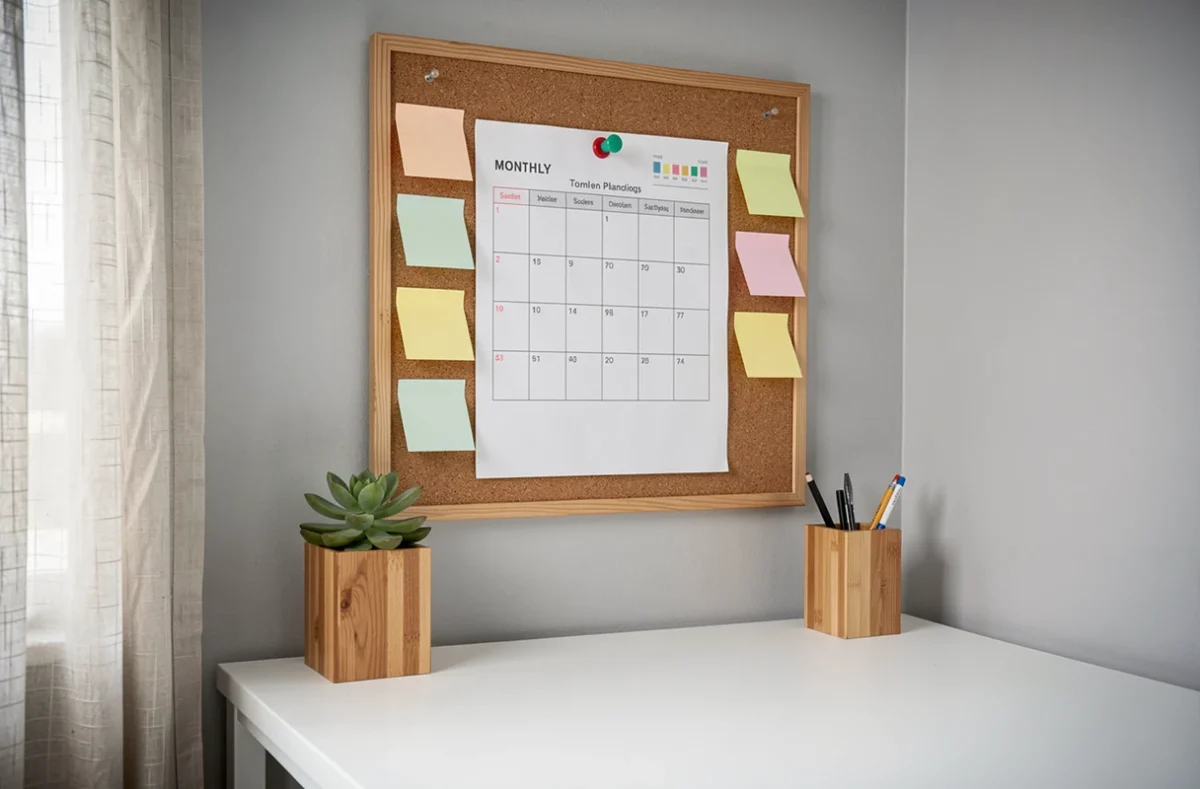 Bureau à domicile organisé avec un planning mensuel imprimé épinglé sur un tableau en liège