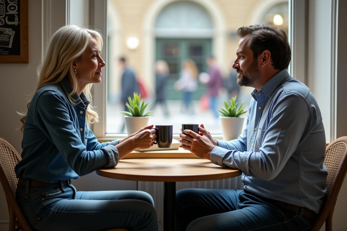 Un couple avec des mugs dans un café lumineux
