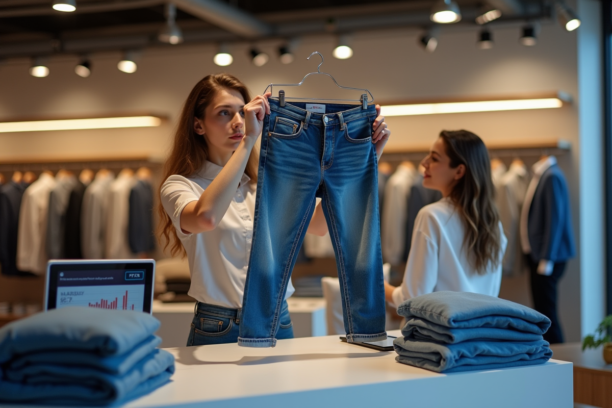 Vendeur montrant un jean taille bestseller au comptoir