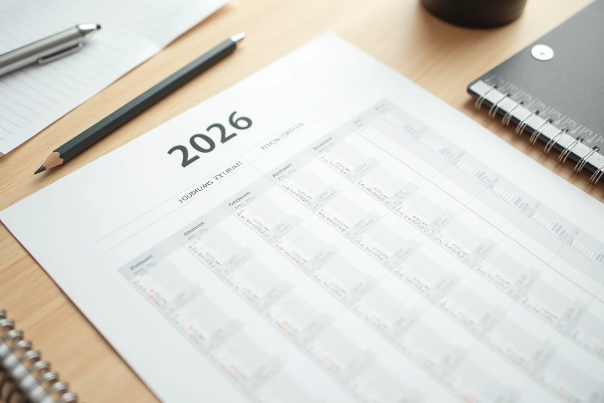 Calendrier 2026 imprimé en format A4 avec semaines paires et impaires alternées, posé sur une table en bois clair avec un crayon et une règle