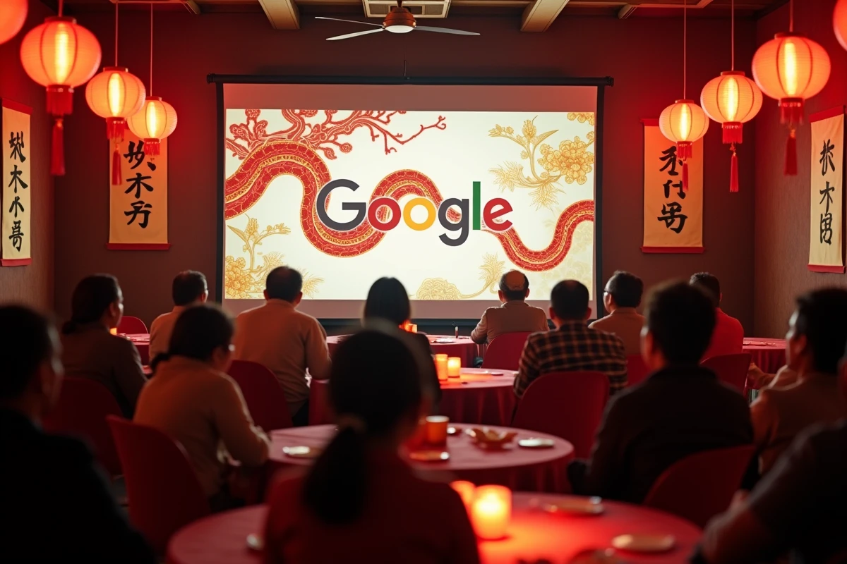 Groupe de personnes réunies devant une projection du Google Doodle Année du Serpent lors d'une célébration du Nouvel An chinois dans un centre culturel