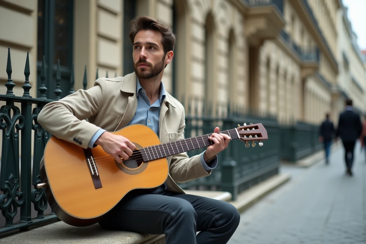 Jeune chanteur français des années 60 jouant de la guitare acoustique assis sur un banc parisien en marinière