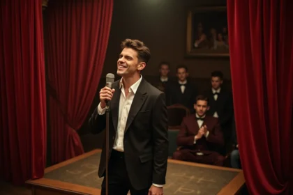 Chanteur français des années 60 sur scène dans un cabaret parisien avec micro vintage et costume sombre