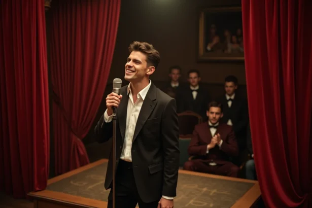 Chanteur français des années 60 sur scène dans un cabaret parisien avec micro vintage et costume sombre
