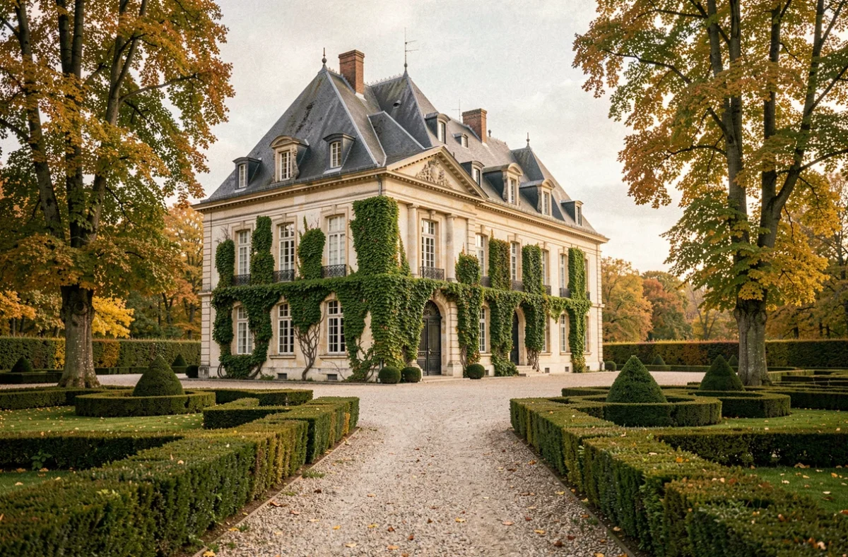 Façade classique du Château de Breteuil dans les Yvelines entourée de jardins à la française en automne
