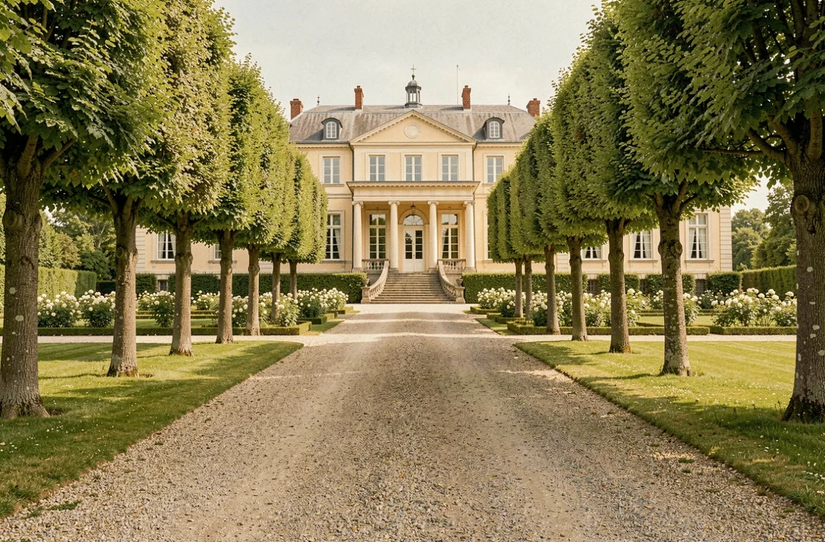Château de Fortis dans les Yvelines avec son allée de tilleuls menant à la façade néoclassique et ses parterres de roses