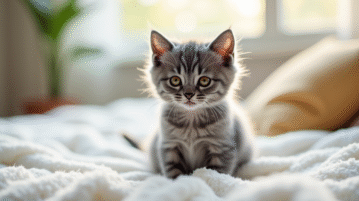 Petit chaton gris sur une couverture blanche lumineuse