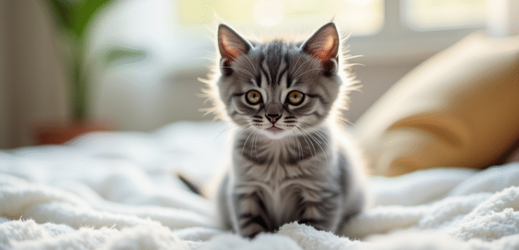 Petit chaton gris sur une couverture blanche lumineuse