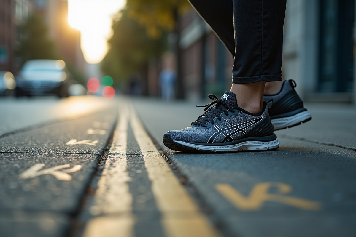 Chaussures de sport usées sur le trottoir avec marquages kilométriques