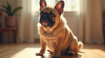 Bulldog français pelucheux sur sol en bois en plein soleil