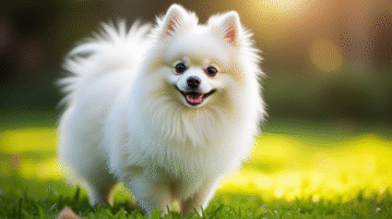 Chien Pomeranian blanc dans un jardin ensoleille