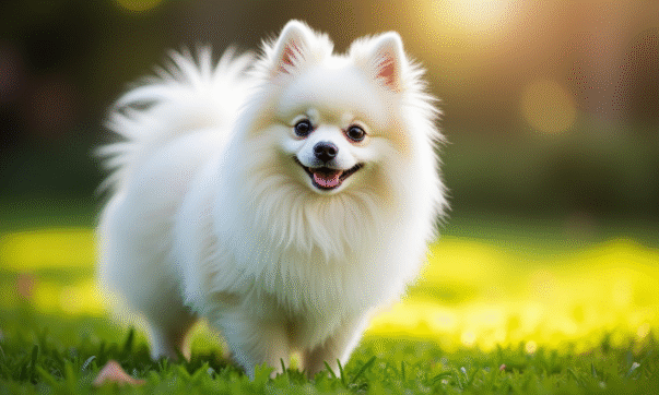Chien Pomeranian blanc dans un jardin ensoleille