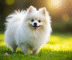 Chien Pomeranian blanc dans un jardin ensoleille