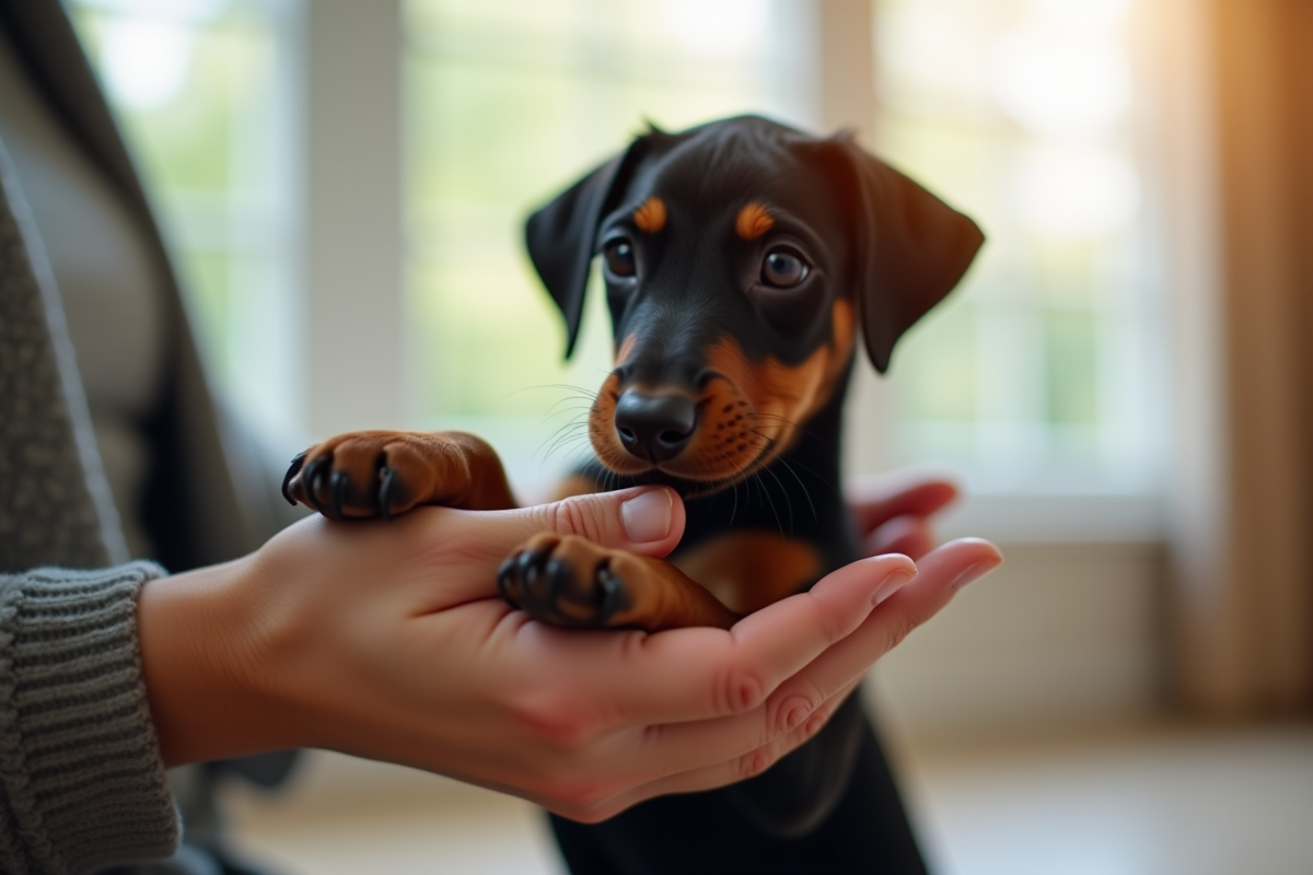 Chiot doberman pratiquant la commande patte en intérieur