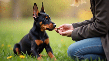 Chiot doberman assis attentivement en extérieur