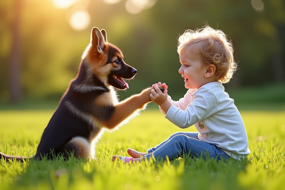 Chiot berger allemand sur pelouse ensoleillée avec enfant